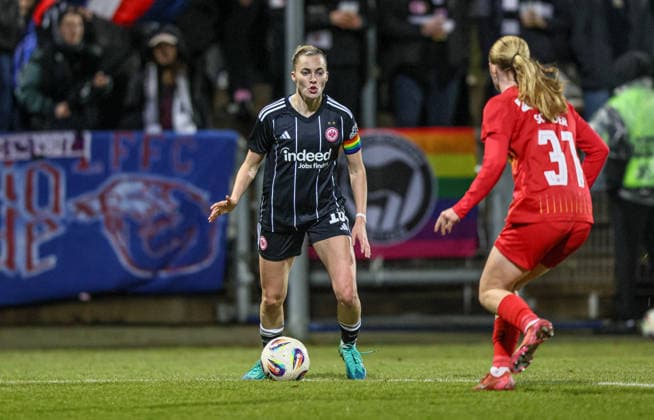 GER, Frankfurt, Eintracht Frankfurt vs FC Nordsjaelland, European Cup, Football, UEFA, 2024 2026 season, Stadion am Brentanobad, quarter-final, first leg in the picture from l Laura Freigang Eintracht Frankfurt Women 10 , Carli Scheuer FC Nordsjaelland Women 31 DFB DFL REGULATIONS PROHIBIT ANY USE OF PHOTOGRAPHS AS IMAGE SEQUENCES AND OR QUASI VIDEO, 11 02 2026 Copyright: HMBxMedia HendrikxHamelau