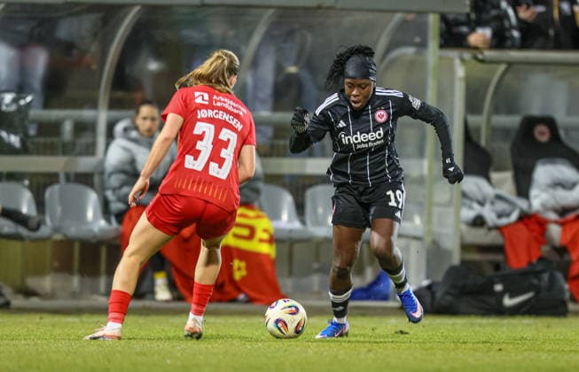 GER, Frankfurt, Eintracht Frankfurt vs FC Nordsjaelland, European Cup, Football, UEFA, 2024 2026 season, Stadion am Brentanobad, quarter-final, first leg in the picture from l Hannah Jorgensen FC Nordsjaelland Women 33 , Nicole Anyomi Eintracht Frankfurt Women 19 DFB DFL REGULATIONS PROHIBIT ANY USE OF PHOTOGRAPHS AS IMAGE SEQUENCES AND OR QUASI VIDEO, 11 02 2026 Copyright: HMBxMedia HendrikxHamelau