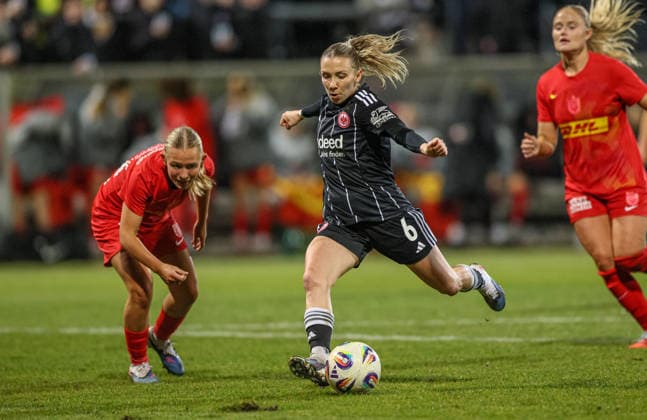 GER, Frankfurt, Eintracht Frankfurt vs FC Nordsjaelland, European Cup, Football, UEFA, Season 2024 2026, Stadion am Brentanobad, Quarter-final, First leg in the picture from l Astrid Engsig Karup FC Nordsjaelland Women 32 , Elisa Senß Eintracht Frankfurt Women 6 , Goal shot DFB DFL REGULATIONS PROHIBIT ANY USE OF PHOTOGRAPHS AS IMAGE SEQUENCES AND OR QUASI VIDEO, 11 02 2026 Copyright: HMBxMedia HendrikxHamelau