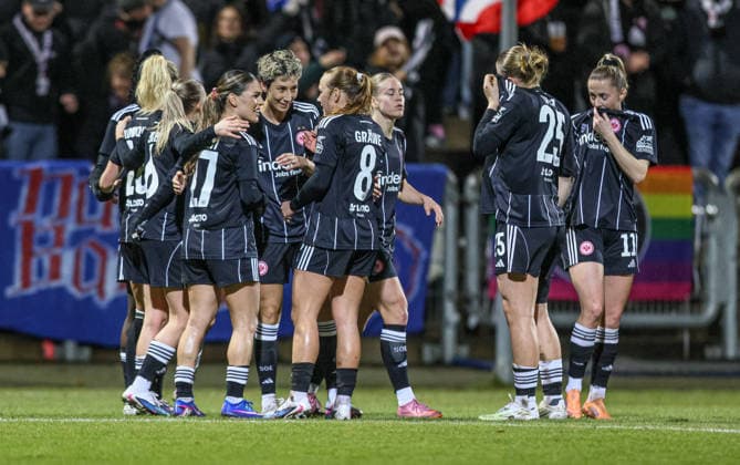 GER, Frankfurt, Eintracht Frankfurt vs FC Nordsjaelland, European Cup, Football, UEFA, 2024 2026 season, Stadion am Brentanobad, quarter-final, first leg in the picture Rebecka Blomqvist Eintracht Frankfurt Women 28 scores the goal to make it 2 0, Goal, Cheers and joy, Emotions, Elisa Senß Eintracht Frankfurt Frauen 6 , Laura Freigang Eintracht Frankfurt Frauen 10 DFB DFL REGULATIONS PROHIBIT ANY USE OF PHOTOGRAPHS AS IMAGE SEQUENCES AND OR QUASI VIDEO, 11 02 2026 Copyright: HMBxMedia HendrikxHamelau