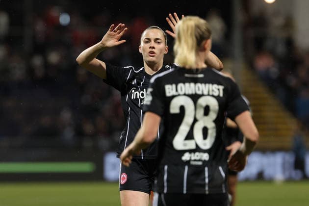 FBL UEFA Women™s Europa Cup 2025 26 Eintracht Frankfurt Nordsjaelland Laura Freigang Eintracht Frankfurt and Rebecka Blomqvist Eintracht Frankfurt celebrate the goal to 2 0, during the Women™s Europa Cup match between Eintracht Frankfurt and Nordsaelland at Stadion am Brentanobad in Frankfurt am Main, Germany, February 11, 2026 Copyright: JoaquimxFerreira