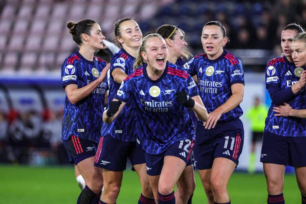 260211 UWCL OH Leuven vs Arsenal Arsenal players celebrating the goal of Frida Maanum (12) of Arsenal (1-0)pictured during the soccer match between OH Leuven (BEL) and Arsenal (ENG), KO play offs first leg, 2025-2026 season of UEFA Womens Champions League , on Wednesday 11 February 2026 in LEUVEN , Belgium . PHOTO SPORTPIX Sevil Oktem LEUVEN DEN DREEF Vlaams-Brabant Belgium  Copyright: xSportpix.bex xSevilxOktemxSevilxOktemx