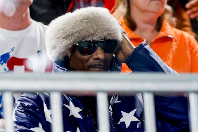Snoop Dogg of United States of America looks on while watching atheletes Men 1000m, Milano Cortina 2026 Winter Olympics: Day 5, Speed skating, Eisschnelllauf - Milano Cortina 2026 Winter Olympics: Day 5, Milano Speed Skating Stadium, February 11, 2026, Milan, Italy.
