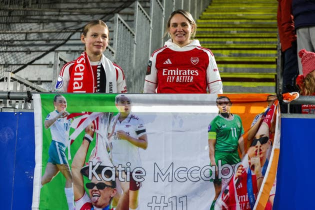 260211 UWCL OH Leuven vs Arsenal Arsenal supporters pictured before the soccer match between OH Leuven (BEL) and Arsenal (ENG), KO play offs first leg, 2025-2026 season of UEFA Womens Champions League , on Wednesday 11 February 2026 in LEUVEN , Belgium . PHOTO SPORTPIX Sevil Oktem LEUVEN DEN DREEF Vlaams-Brabant Belgium  Copyright: xSportpix.bex xSevilxOktemxSevilxOktemx