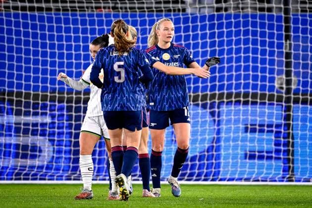 OH Leuven v Arsenal - UEFA Women s Champions League LEUVEN, BELGIUM - FEBRUARY 11 : Maanum Frida midfielder of Arsenal celebrates after scoring a goal to make it 0-1 during the UEFA Women s Champions League 2025 26 knockout phase play-off first leg match between OH Leuven Women and Arsenal Women on February 11, 2026 in Leuven, Belgium, 11 02 2026  Copyright: xTomasxSiskx