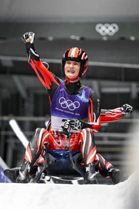 OLYMPICS - Winter Olympic Games, Olympische Spiele, Olympia, OS Milano Cortina 2026 CORTINA D AMPEZZO,ITALY,11.FEB.26 - OLYMPICS, LUGE - Winter Olympic Games Milano Cortina 2026, women, doubles. Image shows the rejoicing of Selina Egle and Lara Michaela Kipp (AUT).  GEPAxpictures xAlexanderxSolc