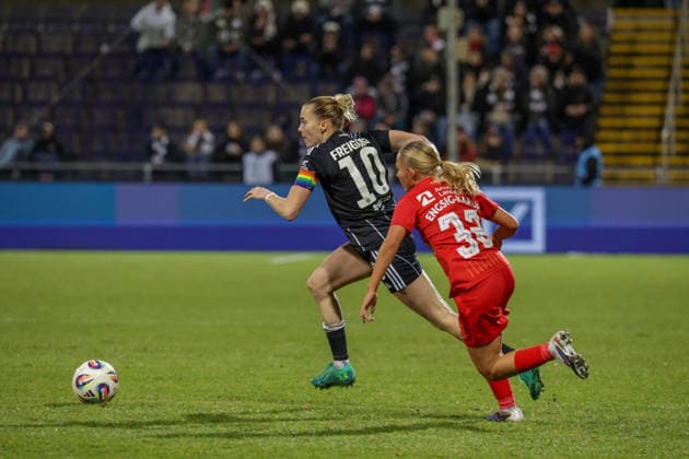 11 02 2026, xgrfx, Football UEFA Women s Europa Cup 1 4 Final, Eintracht Frankfurt FC Nordsjaelland v l Laura Freigang Eintracht Frankfurt , Astrid Engsig Karup FC Nordsjaelland DFL DFB REGULATIONS PROHIBIT ANY USE OF PHOTOGRAPHS as IMAGE SEQUENCES and or QUASI VIDEO Stadion am Brentanobad