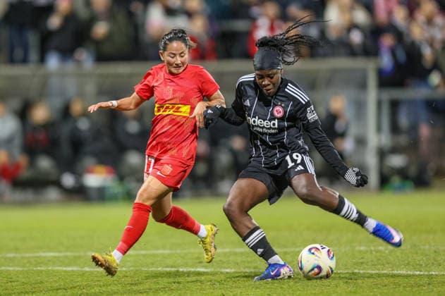 GER, Frankfurt, Eintracht Frankfurt vs FC Nordsjaelland, European Cup, Football, UEFA, Season 2024 2026, Stadion am Brentanobad, Quarter-final, First leg in the picture from l Simone Andersen FC Nordsjaelland Women 17 , Nicole Anyomi Eintracht Frankfurt Women 19 , Goal shot DFB DFL REGULATIONS PROHIBIT ANY USE OF PHOTOGRAPHS AS IMAGE SEQUENCES AND OR QUASI VIDEO, 11 02 2026 Copyright: HMBxMedia HendrikxHamelau