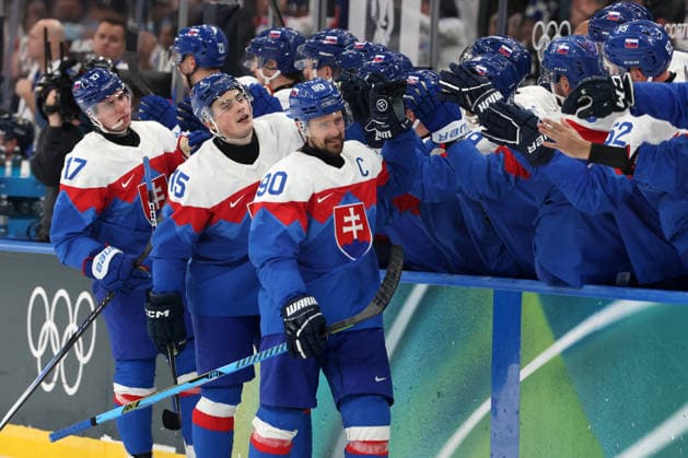 Milano Cortina 2026, Milan, Italy, 11.02, 2026, MiCo2026, MiCo, 2026, Olympics, Olympic, Winter Olympic, Olympic Winter games, Winterspiele,Spiele, Summer games Ice hockey, Eishockey Finland, Slovakia Tomas Tatar, Dalibor Dvorsky, Simon Nemec all of Slovakia celebrate with teammates during Men™s Premilinary round Group B Ice Hockey match between Slovakia and Finland teams of Milano Cortina 2026 Olympic Winter Games in Milan, Italy, 11.02.2026. Photo: Roman Koksarov (RKF) Milan Italy Copyright: xRomanxKoksarovx 0B4A1002.JPG
