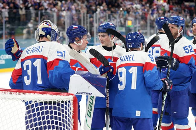Milano Cortina 2026, Milan, Italy, 11.02, 2026, MiCo2026, MiCo, 2026, Olympics, Olympic, Winter Olympic, Olympic Winter games, Winterspiele,Spiele, Summer games Ice hockey, Eishockey Finland, Slovakia Samuel Hlavaj of Slovakia celebrates with teammates during Men™s Premilinary round Group B Ice Hockey match between Slovakia and Finland teams of Milano Cortina 2026 Olympic Winter Games in Milan, Italy, 11.02.2026. Photo: Roman Koksarov (RKF) Milan Italy Copyright: xRomanxKoksarovx 0B4A1002.JPG