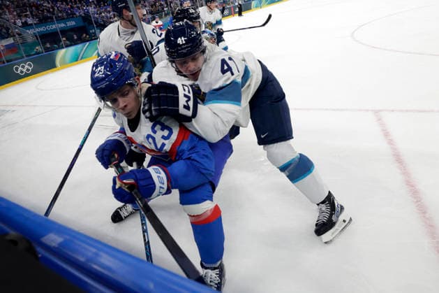 Milano Cortina 2026, Milan, Italy, 11.02, 2026, MiCo2026, MiCo, 2026, Olympics, Olympic, Winter Olympic, Olympic Winter games, Winterspiele,Spiele, Summer games Ice hockey, Eishockey Finland, Slovakia Adam Liska of Slovakia and Miro Heiskanen of Finland in action during Men™s Premilinary round Group B Ice Hockey match between Slovakia and Finland teams of Milano Cortina 2026 Olympic Winter Games in Milan, Italy, 11.02.2026. Photo: Roman Koksarov (RKF) Milan Italy Copyright: xRomanxKoksarovx _23A2890.JPG