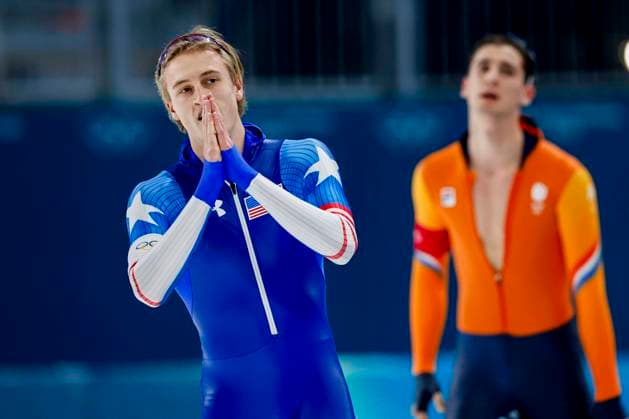 Jordan Stolz of United States of America in disbelief and Jenning de Boo of the Netherlands looks dejected after Men 1000m, Milano Cortina 2026 Winter Olympics: Day 5, Speed skating, Eisschnelllauf - Milano Cortina 2026 Winter Olympics: Day 5, Milano Speed Skating Stadium, February 11, 2026, Milan, Italy.