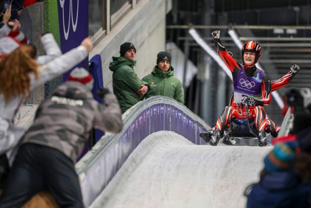 OLYMPICS - Winter Olympic Games, Olympische Spiele, Olympia, OS Milano Cortina 2026 CORTINA D AMPEZZO,ITALY,11.FEB.26 - OLYMPICS, LUGE - Winter Olympic Games Milano Cortina 2026, women, doubles. Image shows the rejoicing of Selina Egle and Lara Michaela Kipp (AUT).  GEPAxpictures xMaticxKlansek