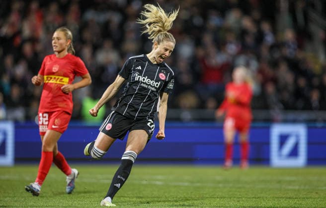 GER, Frankfurt, Eintracht Frankfurt vs FC Nordsjaelland, European Cup, Football, UEFA, 2024 2026 season, Stadion am Brentanobad, quarter-final, first leg in picture Rebecka Blomqvist Eintracht Frankfurt Women 28 scores the 4 0, goal, jubilation and joy, emotions DFB DFL REGULATIONS PROHIBIT ANY USE OF PHOTOGRAPHS AS IMAGE SEQUENCES AND OR QUASI VIDEO, 11 02 2026 Copyright: HMBxMedia HendrikxHamelau