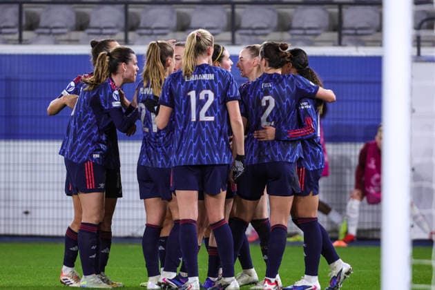 260211 UWCL OH Leuven vs Arsenal Arsenal players celebrating the goal of Olivia Smith (15) of Arsenal (0-2) during the soccer match between OH Leuven (BEL) and Arsenal (ENG), KO play offs first leg, 2025-2026 season of UEFA Womens Champions League , on Wednesday 11 February 2026 in LEUVEN , Belgium . PHOTO SPORTPIX Sevil Oktem LEUVEN DEN DREEF Vlaams-Brabant Belgium  Copyright: xSportpix.bex xSevilxOktemxSevilxOktemx