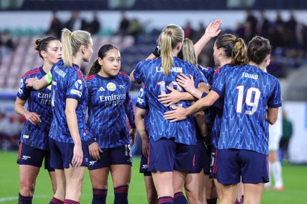 260211 UWCL OH Leuven vs Arsenal Arsenal players celebrating the goal of Frida Maanum (12) of Arsenal (0-1) pictured during the soccer match between OH Leuven (BEL) and Arsenal (ENG), KO play offs first leg, 2025-2026 season of UEFA Womens Champions League , on Wednesday 11 February 2026 in LEUVEN , Belgium . PHOTO SPORTPIX Sevil Oktem LEUVEN DEN DREEF Vlaams-Brabant Belgium  Copyright: xSportpix.bex xSevilxOktemxSevilxOktemx