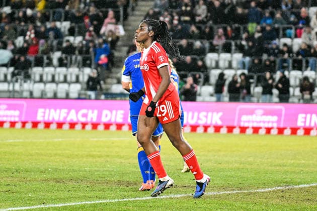 Soccer I Women I Season 2025 2026 I Bundesliga I Matchday 16 I FC Carl Zeiss Jena FC Bayern Munich I 11 02 2026 Cautious celebration for Edna Imade 29, FC Bayern Munich after her goal to make it 6 0 from Munichs perspective Jena Ernst Abbe Sportfeld, ad hoc Arena Thüringen Germany Copyright: xLobeca InesxHähnelx