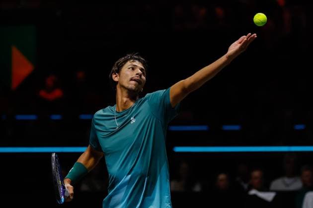Alexei Popyrin in action against Felix Auger Aliassime ABN AMRO Open, Day Three, ABN AMRO Open, Rotterdam Ahoy, February 11, 2026, Rotterdam, Netherlands.