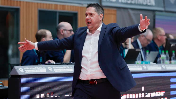 In the picture excitement at Head Coach Sasa Filipovski Wuerzburg Baskets 11 02 2026, Fitness First Wuerzburg Baskets vs Unicaja Malaga, Basketball Champions League, Round of 16, Group K, Matchday 4, Germany, 97072, tectake Arena Wuerzburg, Copyright: HMBxMedia xJulienxBecker