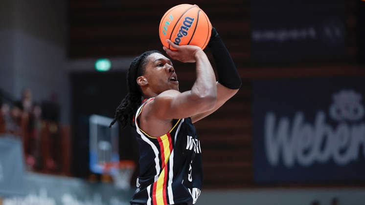 In the picture Marcus Carr Wuerzburg Baskets, 5 11 02 2026, Fitness First Wuerzburg Baskets vs Unicaja Malaga, Basketball Champions League, Round of 16, Group K, Matchday 4, Germany, 97072, tectake Arena Wuerzburg, Copyright: HMBxMedia xJulienxBecker
