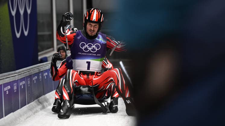 OLYMPICS - Winter Olympic Games, Olympische Spiele, Olympia, OS Milano Cortina 2026 CORTINA D AMPEZZO,ITALY,11.FEB.26 - OLYMPICS, LUGE - Winter Olympic Games Milano Cortina 2026, men, doubles. Image shows the rejoicing of Thomas Steu and Wolfgang Kindl (AUT).  GEPAxpictures xAlexanderxSolc