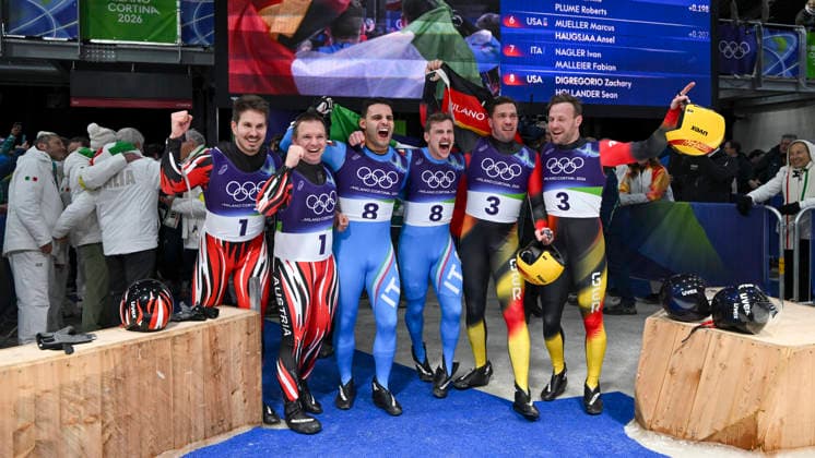 OLYMPICS - Winter Olympic Games, Olympische Spiele, Olympia, OS Milano Cortina 2026 CORTINA D AMPEZZO,ITALY,11.FEB.26 - OLYMPICS, LUGE - Winter Olympic Games Milano Cortina 2026, men, doubles. Image shows the rejoicing of Thomas Steu and Wolfgang Kindl (AUT), Emanuel Rieder and Simon Kainzwaldner (ITA) and Tobias Wendl (GER) and Tobias Artl (GER).  GEPAxpictures xAlexanderxSolc