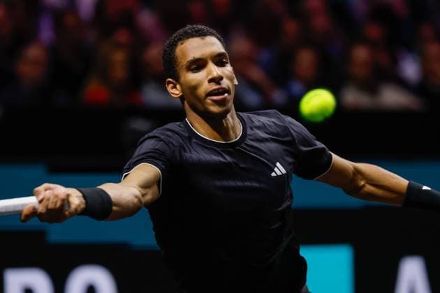 Felix Auger Aliassime in action against Alexei Popyrin ABN AMRO Open, Day Three, ABN AMRO Open, Rotterdam Ahoy, February 11, 2026, Rotterdam, Netherlands.