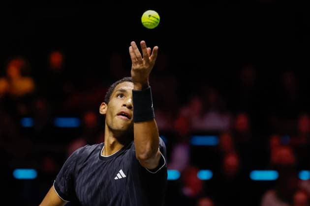 Felix Auger Aliassime in action against Alexei Popyrin ABN AMRO Open, Day Three, ABN AMRO Open, Rotterdam Ahoy, February 11, 2026, Rotterdam, Netherlands.