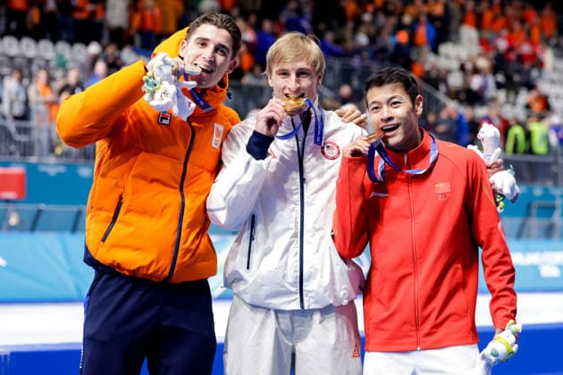 2026-02-11 Speed skating, Eisschnelllauf - Milano Cortina 2026 Winter Olympics - Day 5 MILAN, ITALY - FEBRUARY 11: Jenning de Boo of the Netherlands, Jordan Stolz of United States of America, Zhongyan Ning of China after in a training session during Day 5 of Speed Skating - Milano Cortina 2026 Winter Olympics at Milano Speed Skating Stadium on February 11, 2026 in Milan, Italy. (Photo by Joris Verwijst BSR Agency) Milan Italy Content not available for redistribution in The Netherlands directly or indirectly through any third parties. Copyright: xBSRxAgencyx