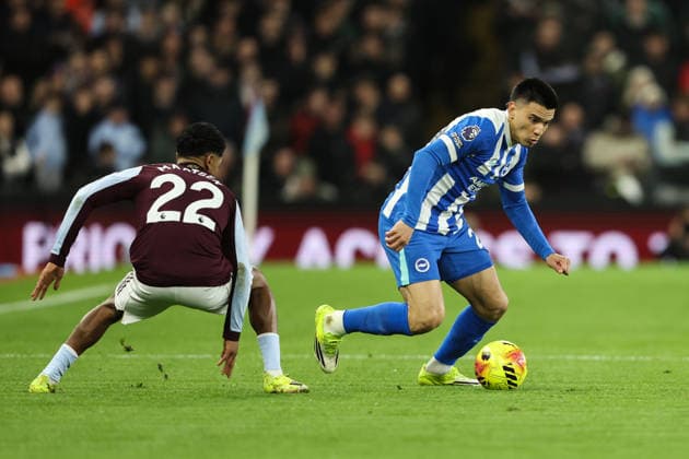 Birmingham, England, 11th February 2026. Diego Gomez of Brighton and Hove Albion gets the better of Ian Maatsen of Aston Villa during the Aston Villa vs Brighton and Hove Albion Premier League match at Villa Park, Birmingham. Picture credit should read: Gareth Evans Sportimage EDITORIAL USE ONLY. No use with unauthorised audio, video, data, fixture lists, club league logos or live services. Online in-match use limited to 120 images, no video emulation. No use in betting, games or single club league player publications. SPI_016_GE_AVL_vs_BHA SPI-4521-0016