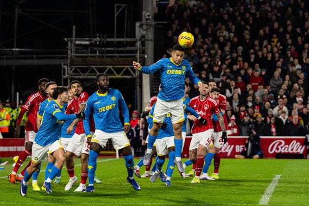 11th February 2026; The City Ground, Nottingham, England; Premier League Football, Nottingham Forest versus Wolverhampton Wanderers; Joao Gomes of Wolverhampton Wanderers wins a defensive header  GodfreyxPitt Content restricted for UK based newspaper