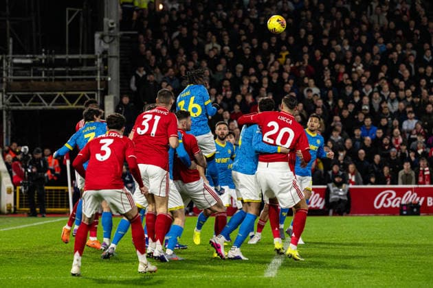 11th February 2026; The City Ground, Nottingham, England; Premier League Football, Nottingham Forest versus Wolverhampton Wanderers; Mateus Mane of Wolverhampton Wanderers wins a defensive header  GodfreyxPitt Content restricted for UK based newspaper
