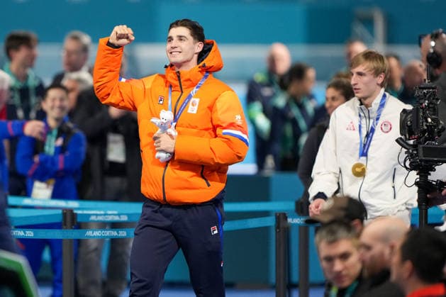 2026-02-11 - Milano Cortina 2026 Winter Olympics 1000m Men MILAN, ITALY - FEBRUARY 11: Jenning De Boo of the Netherlands, Jordan Stolz of United States of America during the 1000m Men on day 3 of the Milano Cortina 2026 Winter Olympics at the Milano Speed skating, Eisschnelllauf Arena on February 11, 2026 in Milan, Italy Milan Milano Speed Skating Arena Italy Content not available for redistribution in The Netherlands directly or indirectly through any third parties. Copyright: xAndrexWeeningx