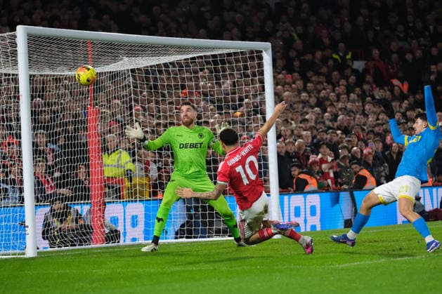 Morgan Gibbs-White of Nottingham Forest heads at the goal during the Premier league football match between Nottingham Forest and Wolverhampton Wanderers at the City Ground in Nottingham. Copyright: xPaulxBonser SportsxPressxPhotox Sportspressphoto_SPR91367