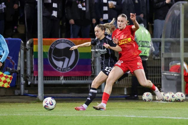 11 02 2026, xgrfx, Football UEFA Women s Europa Cup 1 4 Final, Eintracht Frankfurt FC Nordsjaelland v l Nadien Riesen Eintracht Frankfurt , Carli Scheuer FC Nordsjaelland DFL DFB REGULATIONS PROHIBIT ANY USE OF PHOTOGRAPHS as IMAGE SEQUENCES and or QUASI VIDEO Stadion am Brentanobad