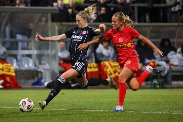 Frankfurt, Germany February 11, 2026 European Cup Women 2025 2026 1 4 Final Eintracht Frankfurt vs FC Nordsjaelland In the picture from left in the duel Rebecka Blomqvist Frankfurt and Astrid Engsig Karup FCN Stadion am Bretanobad Hessen Copyright: xFotostandx xFantinix