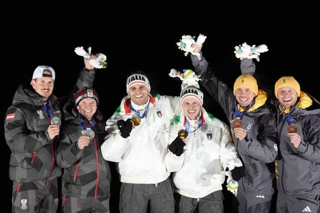 Italy s gold medalists Emanuel Rieder, Simon Kainzwaldner, celebrate after the men s and women s doubles luge competitions at the 2026 Winter Olympics, in Cortina d Ampezzo, Italy, Wednesday, Feb. 11, 2026. (Photo Spada LaPresse)  Copyright: xSpada LaPressex