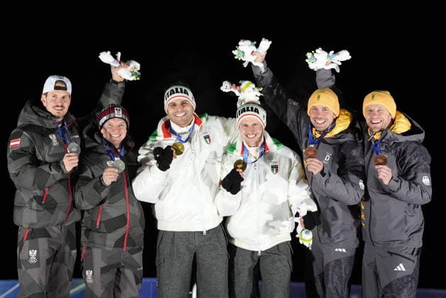 Italy s gold medalists Emanuel Rieder, Andrea Voetter, Marion Oberhofer and Simon Kainzwaldner, celebrate after the men s and women s doubles luge competitions at the 2026 Winter Olympics, in Cortina d Ampezzo, Italy, Wednesday, Feb. 11, 2026. (Photo Spada LaPresse)  Copyright: xSpada LaPressex