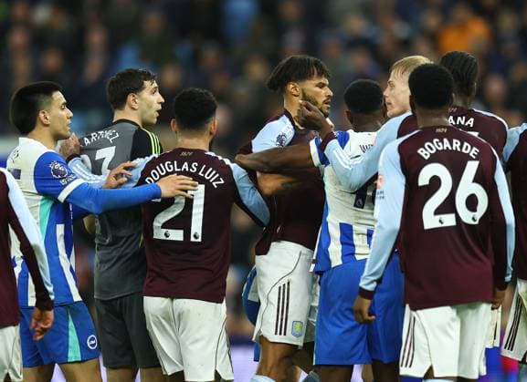 Jan Paul van Hecke of Brighton & Hove Albion argues with Emiliano Martinez of Aston Villa Aston Villa v Brighton and Hove Albion, Premier League, Football, Villa Park, Birmingham, UK - 11 Feb 2026Birmingham Villa Park United Kingdom EDITORIAL USE ONLY No use with unauthorised audio, video, data, fixture lists, club league logos or live services. Online in-match use limited to 120 images, no video emulation. No use in betting, games or single club league player publications. Copyright: xMichaelxZemanek Shutterstockx 16540332y
