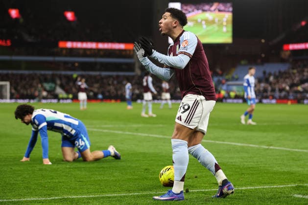 Birmingham, England, 11th February 2026. Jadon Sancho of Aston Villa reacts during the Aston Villa vs Brighton and Hove Albion Premier League match at Villa Park, Birmingham. Picture credit should read: Gareth Evans Sportimage EDITORIAL USE ONLY. No use with unauthorised audio, video, data, fixture lists, club league logos or live services. Online in-match use limited to 120 images, no video emulation. No use in betting, games or single club league player publications. SPI_032_GE_AVL_vs_BHA SPI-4521-0032