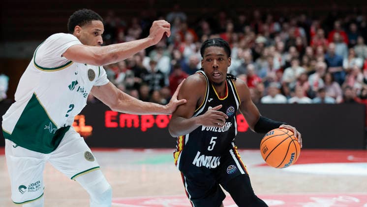 In the picture from left Augustine Rubit Unicaja Malaga, 21 against Marcus Carr Wuerzburg Baskets, 5 11 02 2026, Fitness First Wuerzburg Baskets vs Unicaja Malaga, Basketball Champions League, Round of 16, Group K, Matchday 4, Germany, 97072, tectake Arena Wuerzburg, Copyright: HMBxMedia xJulienxBecker