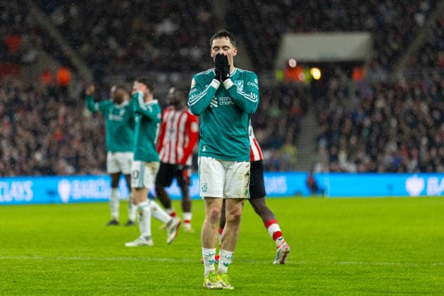 Football - FA Premier League - Sunderland AFC v Liverpool FC SUNDERLAND, ENGLAND - Wednesday, February 11, 2026: Liverpool s Florian Wirtz reacts to his shot hitting the post during the FA Premier League match between Sunderland AFC and Liverpool FC at the Stadium of Light. (Photo by David Rawcliffe Propaganda) SUNDERLAND Stadium of Light TYNE AND WEAR ENGLAND  Copyright: xDavidxRawcliffex P2026-02-11-Sunderland_Liverpool-74