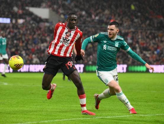 Habib Diarra of Sunderland (left) and Andrew Robertson of Liverpool Sunderland v Liverpool, Premier League, Football, Stadium of Light, Sunderland, UK - 11 Feb 2026Sunderland Stadium of Light United Kingdom EDITORIAL USE ONLY No use with unauthorised audio, video, data, fixture lists, club league logos or live services. Online in-match use limited to 120 images, no video emulation. No use in betting, games or single club league player publications. Copyright: xRichardxLee Shutterstockx 16540365n