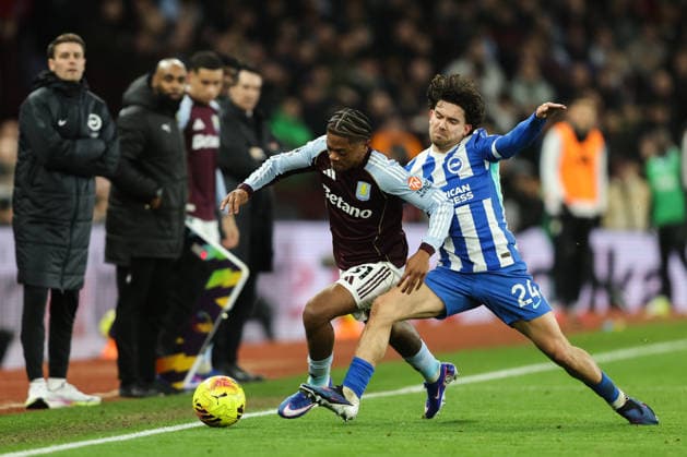 Birmingham, England, 11th February 2026. Leon Bailey of Aston Villa is tackled by Ferdi KadÄ±oÄülu of Brighton and Hove Albion during the Aston Villa vs Brighton and Hove Albion Premier League match at Villa Park, Birmingham. Picture credit should read: Gareth Evans Sportimage EDITORIAL USE ONLY. No use with unauthorised audio, video, data, fixture lists, club league logos or live services. Online in-match use limited to 120 images, no video emulation. No use in betting, games or single club league player publications. SPI_038_GE_AVL_vs_BHA SPI-4521-0038