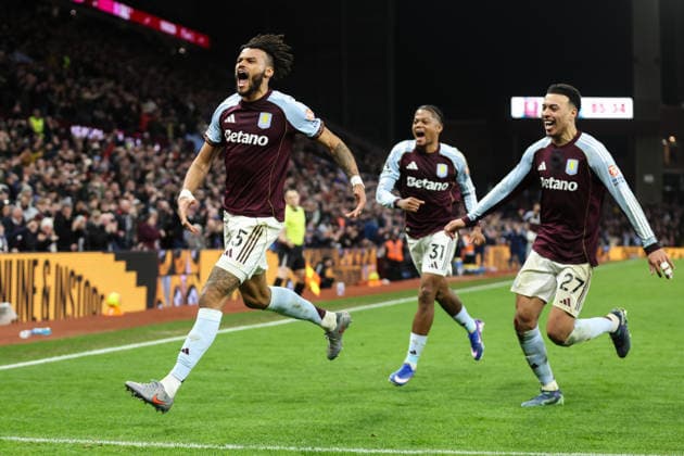 Birmingham, England, 11th February 2026. Tyrone Mings of Aston Villa celebrates his goal to make it 1-0 during the Aston Villa vs Brighton and Hove Albion Premier League match at Villa Park, Birmingham. Picture credit should read: Gareth Evans Sportimage EDITORIAL USE ONLY. No use with unauthorised audio, video, data, fixture lists, club league logos or live services. Online in-match use limited to 120 images, no video emulation. No use in betting, games or single club league player publications. SPI_045_GE_AVL_vs_BHA SPI-4521-0045