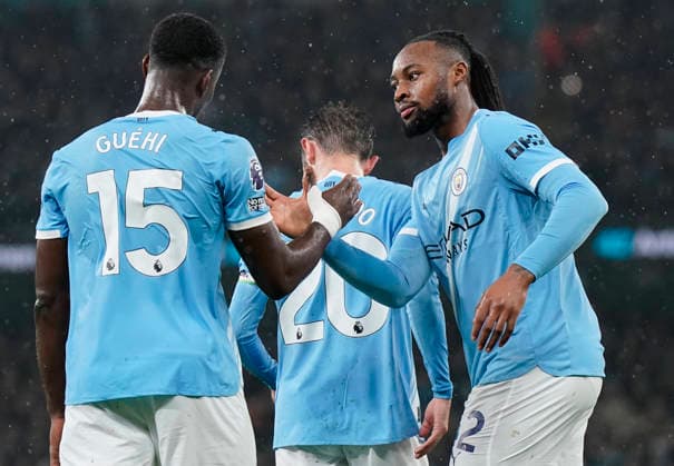 Manchester, England, 11th February 2026. Antoine Semenyo of Manchester City celebrates after scoring the opening goal during the Manchester City vs Fulham Premier League match at the Etihad Stadium, Manchester. Picture credit should read: Andrew Yates Sportimage EDITORIAL USE ONLY. No use with unauthorised audio, video, data, fixture lists, club league logos or live services. Online in-match use limited to 120 images, no video emulation. No use in betting, games or single club league player publications. SPI_045_AY_MAN_CITY_FULHAM SPI-4519-0045