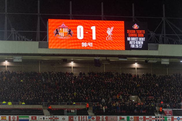 Football - FA Premier League - Sunderland AFC v Liverpool FC SUNDERLAND, ENGLAND - Wednesday, February 11, 2026: A scoreboard during the FA Premier League match between Sunderland AFC and Liverpool FC at the Stadium of Light. (Photo by David Rawcliffe Propaganda) SUNDERLAND Stadium of Light TYNE AND WEAR ENGLAND  Copyright: xDavidxRawcliffex P2026-02-11-Sunderland_Liverpool-117