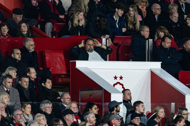 11th February 2026; The City Ground, Nottingham, England; Premier League Football, Nottingham Forest versus Wolverhampton Wanderers; An unhappy Nottingham Forest owner Evangelos Marinakis holds his head after his team miss another chance to score  GodfreyxPitt Content restricted for UK based newspaper