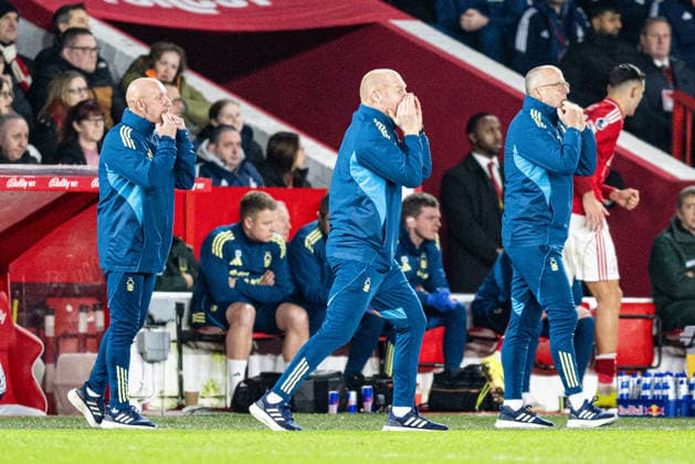 11th February 2026; The City Ground, Nottingham, England; Premier League Football, Nottingham Forest versus Wolverhampton Wanderers; Nottingham Forest Head Coach Sean Dyche and his assistants Ian Woan and Steve Stone all shout instructions to the team  GodfreyxPitt Content restricted for UK based newspaper