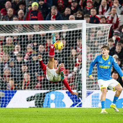 11th February 2026; The City Ground, Nottingham, England; Premier League Football, Nottingham Forest versus Wolverhampton Wanderers; Dan Ndoye of Nottingham Forest attempts an overhead kick  GodfreyxPitt Content restricted for UK based newspaper